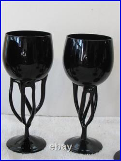 Vintage Artisan Black Glass Wine Glasses Set 6 Gothic Hand Blown Stemware