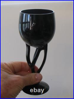 Vintage Artisan Black Glass Wine Glasses Set 6 Gothic Hand Blown Stemware