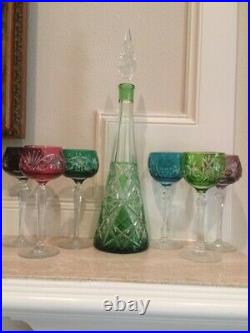 Vintage Bohemia Multi-Colored Crystal Glasses withDecanter Hand Cut Set of 6