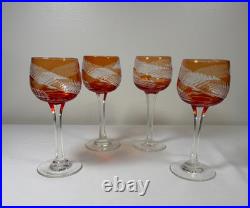 Vintage Bohemian Orange Amber Cut to Clear Crystal Wine Glasses Czech Set of 4