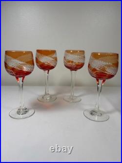 Vintage Bohemian Orange Amber Cut to Clear Crystal Wine Glasses Czech Set of 4