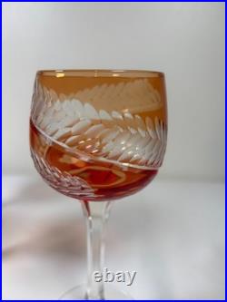 Vintage Bohemian Orange Amber Cut to Clear Crystal Wine Glasses Czech Set of 4