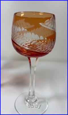 Vintage Bohemian Orange Amber Cut to Clear Crystal Wine Glasses Czech Set of 4