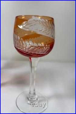 Vintage Bohemian Orange Amber Cut to Clear Crystal Wine Glasses Czech Set of 4