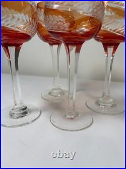 Vintage Bohemian Orange Amber Cut to Clear Crystal Wine Glasses Czech Set of 4