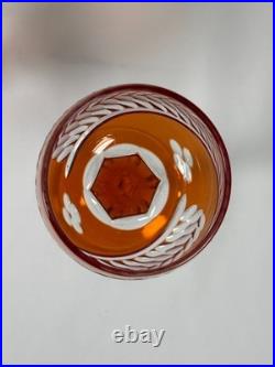 Vintage Bohemian Orange Amber Cut to Clear Crystal Wine Glasses Czech Set of 4
