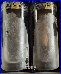 Vintage Capella Crystal Glass Set of 4. Grecian Ladies, etched. Handmade. Czech