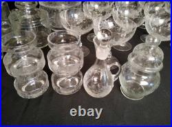 Vintage Clear Etched Floral Glassware Set Goblet Coupe Pitcher Mug Decanter