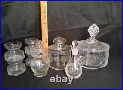 Vintage Clear Etched Floral Glassware Set Goblet Coupe Pitcher Mug Decanter