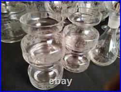 Vintage Clear Etched Floral Glassware Set Goblet Coupe Pitcher Mug Decanter