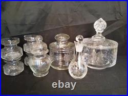 Vintage Clear Etched Floral Glassware Set Goblet Coupe Pitcher Mug Decanter
