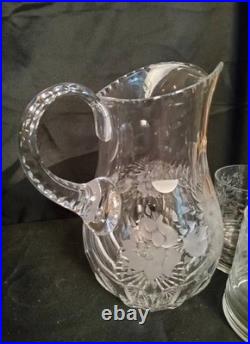 Vintage Clear Etched Floral Glassware Set Goblet Coupe Pitcher Mug Decanter