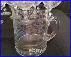 Vintage Clear Etched Floral Glassware Set Goblet Coupe Pitcher Mug Decanter