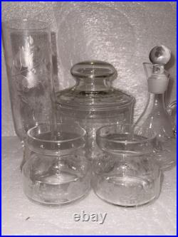 Vintage Clear Etched Floral Glassware Set Goblet Coupe Pitcher Mug Decanter