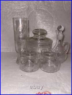 Vintage Clear Etched Floral Glassware Set Goblet Coupe Pitcher Mug Decanter