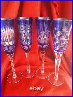 Vintage Cobalt Blue Bohemian Cut To Clear Crystal Champagne Flutes. Set of 4