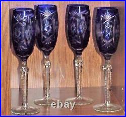 Vintage Cobalt Blue, Bohemian Cut To Clear Crystal, Champagne Flutes, Set of 4