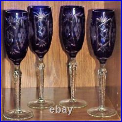 Vintage Cobalt Blue, Bohemian Cut To Clear Crystal, Champagne Flutes, Set of 4