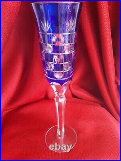 Vintage Cobalt Blue Bohemian Cut To Clear Crystal Champagne Flutes. Set of 4