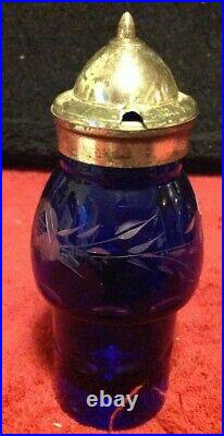 Vintage Cobalt Blue Etched Glass Crystal Cruet Castor Set Silver Plated Holder