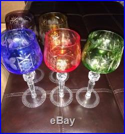 Vintage Crystal Colored Cut To Clear Hock Wine Glasses Set Of 5
