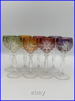 Vintage Crystal Goblets, Bohemian Czech Style Cut Glass, Multicolor, Set of 8