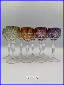 Vintage Crystal Goblets, Bohemian Czech Style Cut Glass, Multicolor, Set of 8