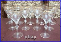 Vintage Crystal Large Goblet Gold Etched & Banded Stemware Set of 11