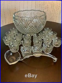 Vintage Crystal Punch Set By L. E. Smith with 18 Cups, One Ladle and Bowl