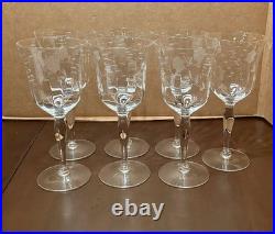 Vintage Crystal Wine Glasses 7 3/4 WithEtched Floral & Leaf Design, Set Of 7