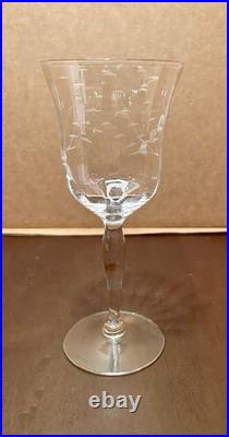 Vintage Crystal Wine Glasses 7 3/4 WithEtched Floral & Leaf Design, Set Of 7