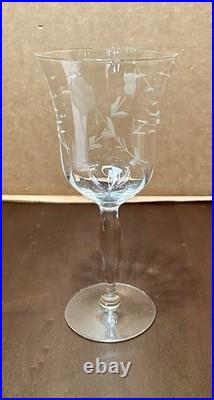 Vintage Crystal Wine Glasses 7 3/4 WithEtched Floral & Leaf Design, Set Of 7