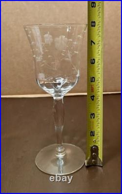 Vintage Crystal Wine Glasses 7 3/4 WithEtched Floral & Leaf Design, Set Of 7