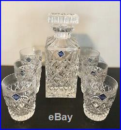 Vintage Czech Bohemia Full Lead Crystal Whiskey Decanter 6 Glass Set New in Box