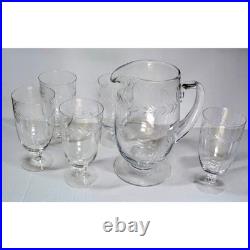 Vintage Fostoria Holly Pattern Etched Crystal Pitcher and 5 Tea Glass Set Footed