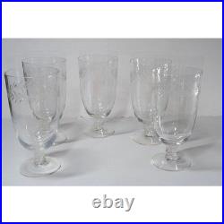 Vintage Fostoria Holly Pattern Etched Crystal Pitcher and 5 Tea Glass Set Footed