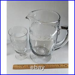 Vintage Fostoria Holly Pattern Etched Crystal Pitcher and 5 Tea Glass Set Footed