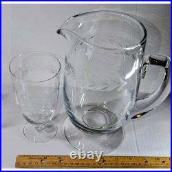 Vintage Fostoria Holly Pattern Etched Crystal Pitcher and 5 Tea Glass Set Footed