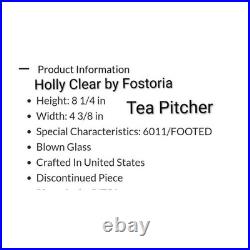 Vintage Fostoria Holly Pattern Etched Crystal Pitcher and 5 Tea Glass Set Footed