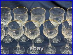 Vintage Gold Rimmed Crystal Wine & Water Glass Set Diamond Cut 12 pc Italy