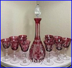 Vintage Hand Cut Crystal Cranberry/Clear Decanter Cordial Glasses West Germany