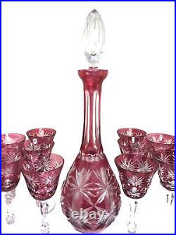Vintage Hand Cut Crystal Cranberry/Clear Decanter Cordial Glasses West Germany
