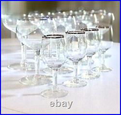 Vintage Holiday Barware Set Crystal w Art Glass Pitcher 12 Glasses Platinum Rim