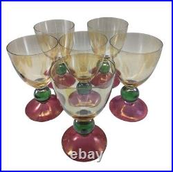 Vintage Krosno Poland Hand Blown Tri-colored Wine Glasses Set of 6