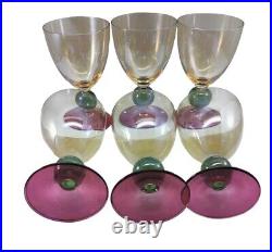 Vintage Krosno Poland Hand Blown Tri-colored Wine Glasses Set of 6