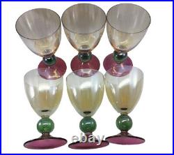 Vintage Krosno Poland Hand Blown Tri-colored Wine Glasses Set of 6