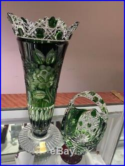 Vintage Lausitzer Bleikristall Crystal Vase And Basket Set Green GDR Germany