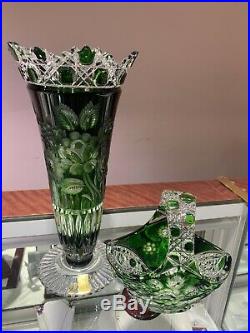 Vintage Lausitzer Bleikristall Crystal Vase And Basket Set Green GDR Germany