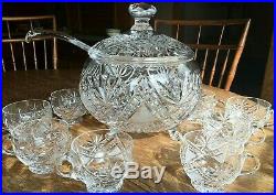 Vintage Nachtmann Crystal Footed Punch Bowl Set, With Ladel & 8 Cups, Nice