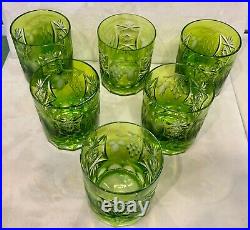 Vintage Nachtmann Traube Cut To Clear Lime Green Crystal Set 6 Whiskey Tumblers